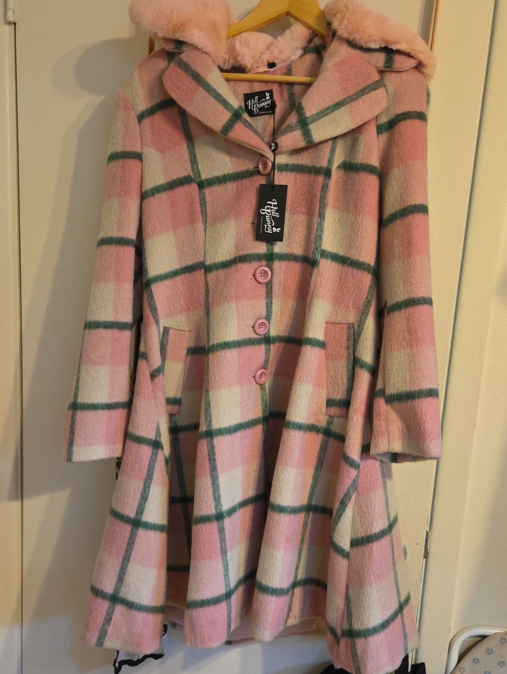 Hell Bunny Pink & Cream Plaid Wool Coat